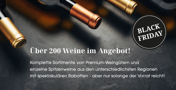 Liegende Flaschen und Info-Text zur Black-Friday-Aktion im WeinGelage.